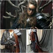 From top to bottom: Lexa on her throne in war paint and Grounder attire; captures showcasing the wardrobe from different angles.