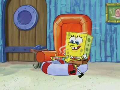 spongebob sitting on a chair