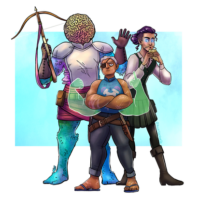 Zoox, a tall humanoid made of teal and yellow coral, holds a crossbow and waves. Devo, a slightly shorter humanoid with pale skin, catfish barbels, and purple hair is playing a pan flute and wearing a dark green kilt. In front of them stands Amber Gris, a short, muscular human wearing a blue sleeveless shirt depicting "blink sharks" that reads "Be Ready!", poses with her arms crossed and two translucent green arms -- one arm is cocked and the other is raising its middle finger.
