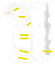 An illustration of a habitat viewed from slightly above and to the left. It rests against a cliff. The top of the habitat, the Gunwale, rests on the Cliff Top. It is triangular in shape, with an array of smaller structures fanning out from the point, away from the rest of the habitat. Below the Gunwale, alongside the Cliff Face is the Ballast, a segment with a rounded top that connects the main habitat to the Gunwale. Below the Ballast is the Conservatory, then the Forecastle, and the Cradle. These three areas make up the main body of the habitat. Below them is another segment, named Joshy’s Knuckle. Below that, at the bottom of the habitat, resting on the Sea Floor, is the Gills, which fan out slightly along the Sea Floor. To the right of the habitat is the Coral Spire, a large spike which goes from the Sea Floor all the way up to the Cliff Top.
