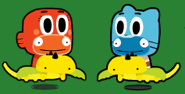 "Gumball" and "Darwin" riding dragons.