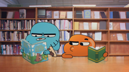 Darwin looks at what Gumball is reading.