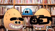 Gumball peeking in on the Eggheads.