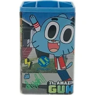 Container with blue lid