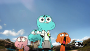 In this scene from "The Job," Darwin is in his season 1 design, Nicole has season 1 shadows, and one of Gumball's legs is missing.