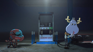 In this scene from "The Fridge," the gas pump hose is not connected to the pump.