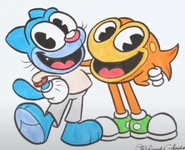 A promo art with Gumball and Darwin in the style of Cuphead.
