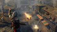 Ezio colocando una barricada con fuego griego para defender una guarida.