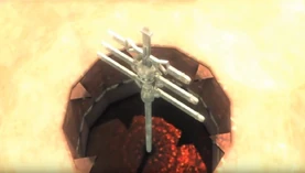 El Cetro hundiéndose en el suelo de la cripta.