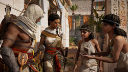 Bayek y Aya investigando