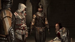 Ezio Auditore habla con Lorenzo, mientras éste es atendido por sus soldados en el refugio.