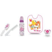 Combo set including Uniqua bottle, Uniqua pacifier, Uniqua comb, Uniqua hairbrush and Tasha bib