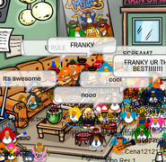 Franky on club penguin covered with penguins.