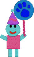 Freddy has aqua and magenta square body and wearing a purple party hat, and holding a balloon.