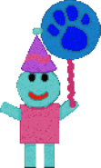 Freddy has aqua and magenta square body and wearing a purple party hat, and holding a balloon.