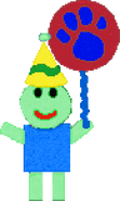 Freddy has aquamarine and blue square body and wearing a purple party hat, and holding a balloon.