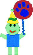 Freddy has aquamarine and blue square body and wearing a purple party hat, and holding a balloon.
