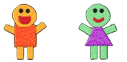 Freddy & Fifi is an a yellow felt friend with an orange square body, & an aquamarine felt friend with a purple triangle body