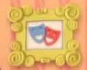 A pair of blue and red opera masks with happy faces