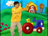 A Brand New Game: Joe is in Little Bo Peep's Farm from "Up, Down, All Around!" and not in the felt board while pretending to be a bouncing cow looking through a telescope. Blue and a Felt Friend were not shown in this scene as well.