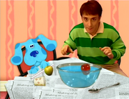 Steve and Blue with Two Apples and a Bowl Full of Water