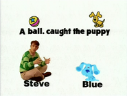 Steve and Blue Sitting on Their Names with a Messed Up Sentence Above Their Heads