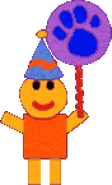 Freddy has gold and orange square body wearing a birthday hat with a balloon.