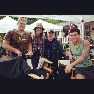 Alden Ehrenreich hanging out with producers Molly Smith and Erwin Stoff as well as Molly's brother, Richard (far left), on the set.