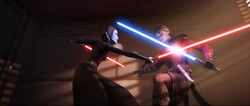 Barriss defends herself against Anakin.