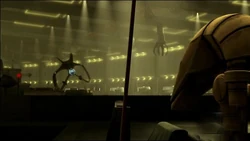 A battle droid sees Hardcase in a starfighter