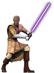 Jedi General Mace Windu with his unique, purple lightsaber