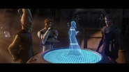 SecondBattleofGeonosis2.png (1,007 KB) Mundi with Anakin Skywalker and Obi-Wan Kenobi talking with Luminara Unduli on a Hologram.