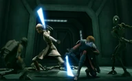 Adi Gallia and Anakin Skywalker fighting commando droids.