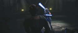 Ahsoka faces down Maul in the tunnels.