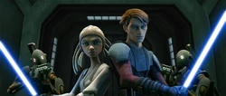 Adi and Anakin are surrounded by Commando Droids on the bridge of Grievous's destroyer.