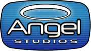 A halo and the words "Angel" and "Studios" in white and with black outlines are aligned vertically. They lay on an oval with gradationally darker shades of blue and a black outline.