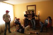 (L to R) Kootra, Seamus, Dan, Sly, Nova, and Sp00n posing in their hotel room for RTX 2013.