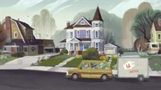 Pete pulling the car in front of the incorrect house.