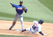 The blue alternate uniform with Buffalo inscribed in orange. It has red/orange and black lining underneath the arms. It has the Bisons patch on the left sleeve. The number and name on the back is white with orange lining covering up the surrounding of it.