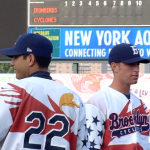 The Patriot uniform. The shirt is white with the Brooklyn Cyclones on top of the red. The same goes for the number on the back. The right sleeve has stars. The left sleeve has the number.