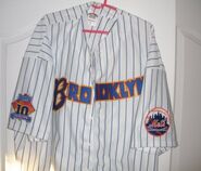 The pinstripe jersey. The 10 year anniversary patch on the right with the Mets on the left. Brooklyn in Blue,Yellow and Orange inscribed on it.