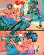 Eva fighting with Jackie, overpowering him through sheer force of speed and swordsmanship.