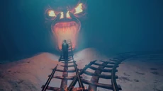 The Curator walks from the mouth and stands still.