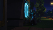 Zevon walking through a portal on a window of the shop