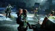 Cleaners standing guard at the Transit Terminal