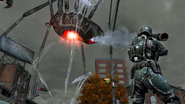 An EDF soldier fires a rocket launcher at the open hatch of a Daddy Long Legs.