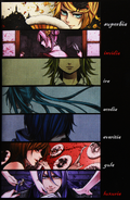 Illustration of the seven sin vessel owners as they appear in the album booklet