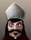 A long-haired bishop with a mustache and mitre.