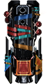 A strangely decorated flying train engine.