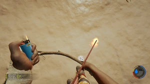 A crafted bow equipped with a lit Fire arrow.